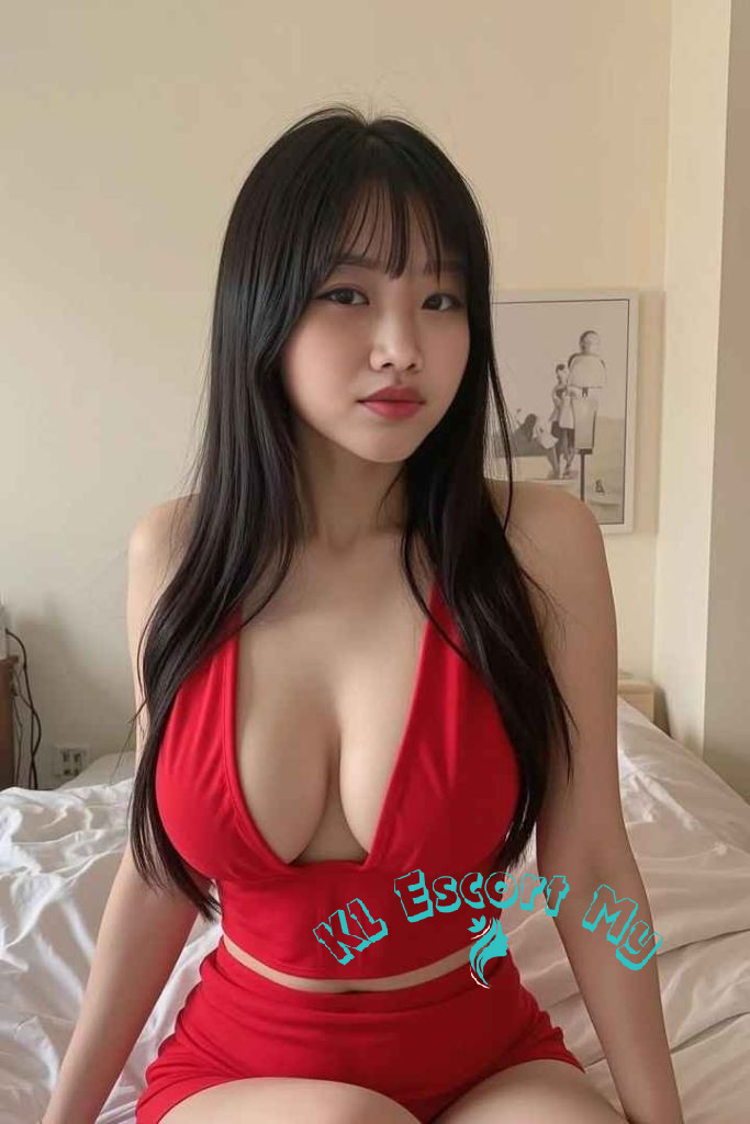 Bethany, a part-time escort in KL, Malaysia, poses in a red outfit.