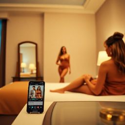 Woman relaxes in hotel room, watching a romantic video on her phone. Modern hotel interior.