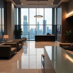 Modern office lobby with city skyline view, featuring stylish furniture and a sleek reception area.