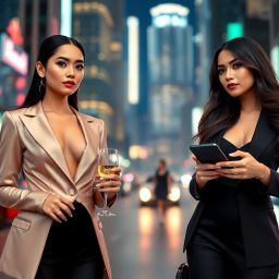 Two stylish women in city at night. One holds wine, the other a phone.