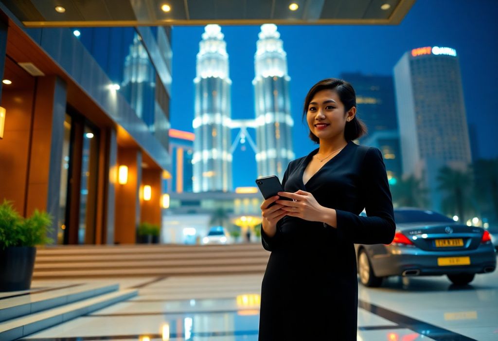 Asian businesswoman with phone in Kuala Lumpur, Petronas Towers in background.