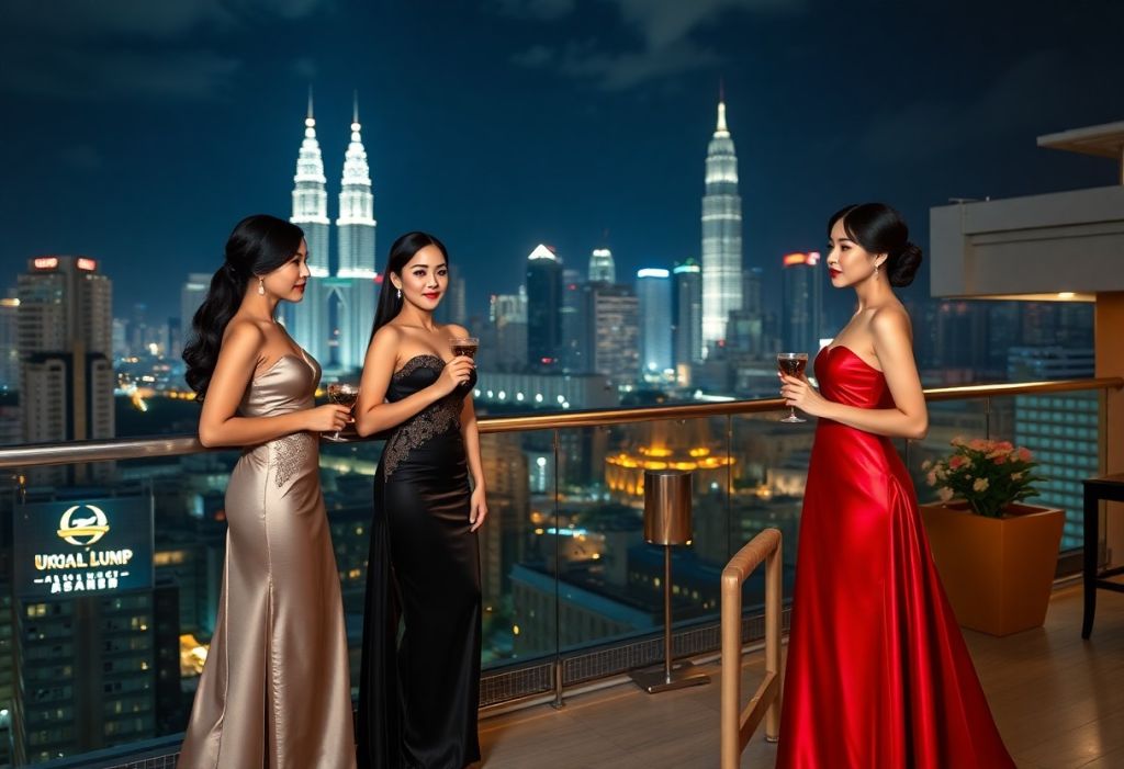 Elegant women in gowns on a rooftop with the Kuala Lumpur skyline at night.