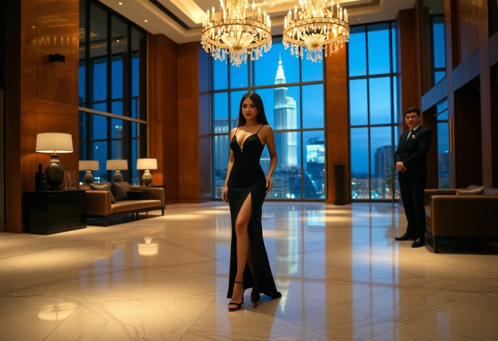Woman in black gown standing in luxurious hotel lobby with chandeliers and city view.