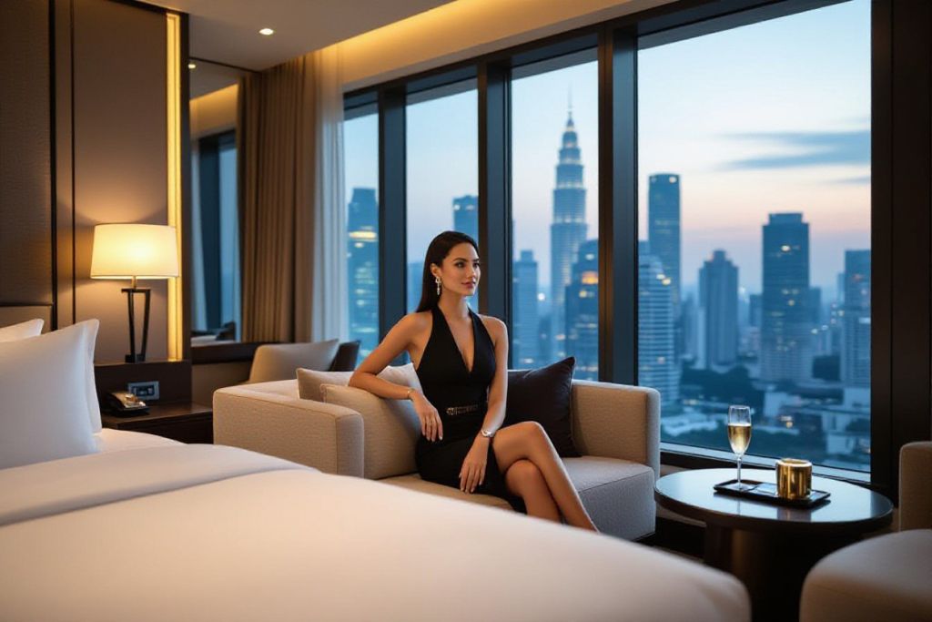 Woman in black dress sits in luxury hotel room overlooking Kuala Lumpur cityscape at dusk.