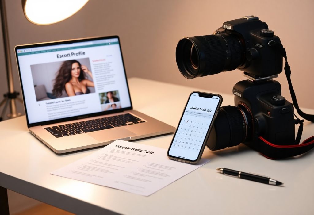 Laptop, cameras, phone displaying calendar, and pen on desk