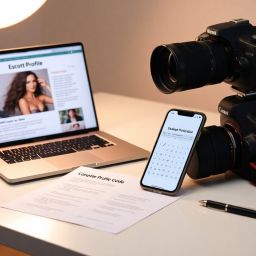 Laptop, cameras, phone displaying calendar, and pen on desk