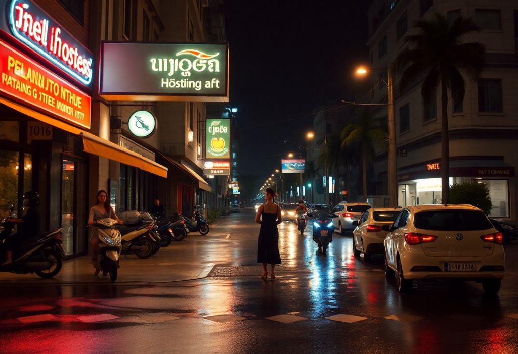 Night street scene with neon signs, wet pavement, and cars in Southeast Asia.