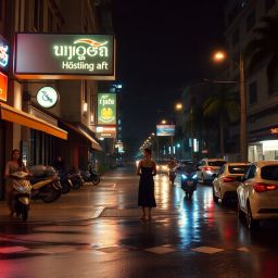 Night street scene with neon signs, wet pavement, and cars in Southeast Asia.