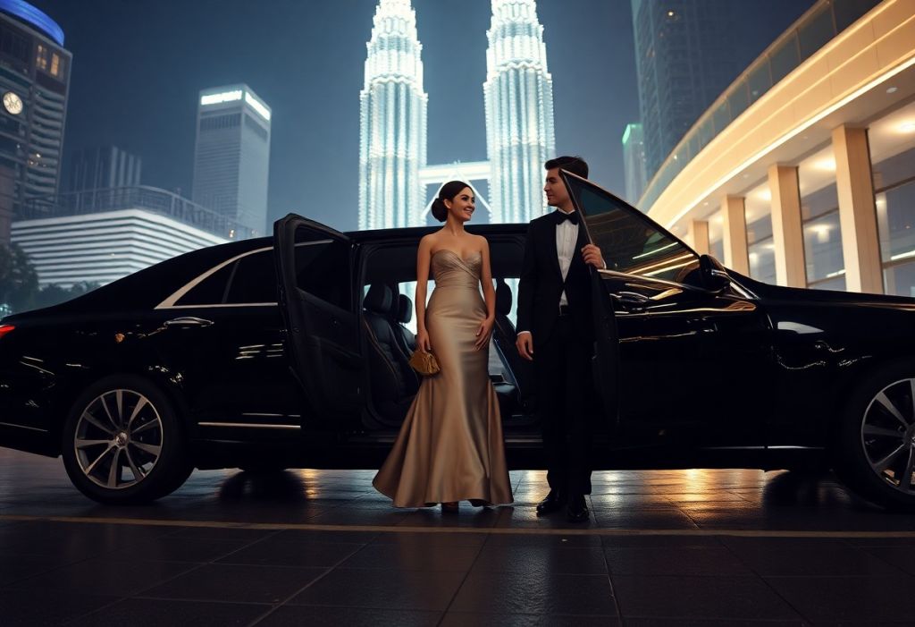 Elegant couple in formal wear exiting a luxury black car in front of illuminated skyscrapers.