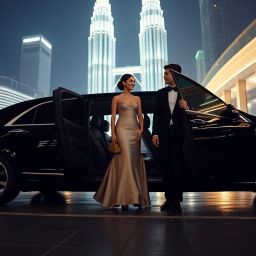 Elegant couple in formal wear exiting a luxury black car in front of illuminated skyscrapers.